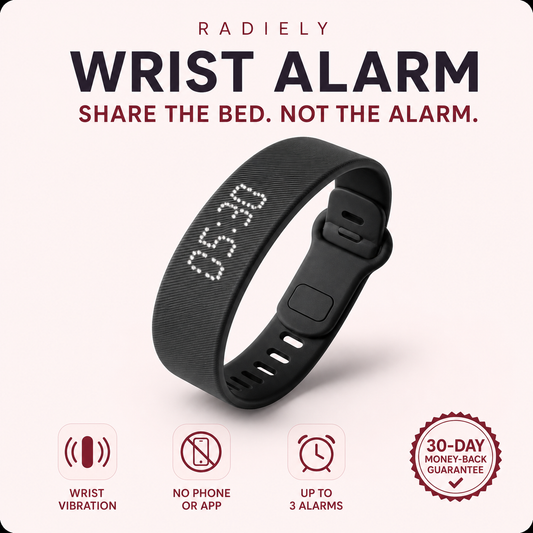 Black Radiely Silent Wrist Alarm with product benefits and 30-day guarantee
