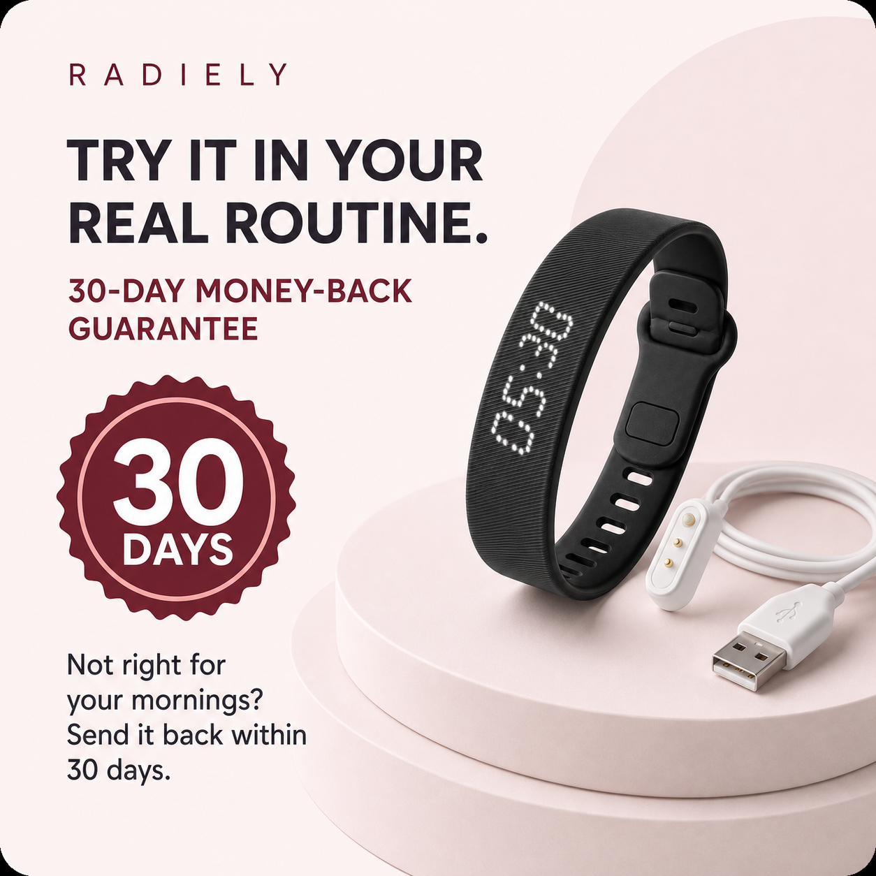 Radiely wrist alarm with magnetic USB charging cable and 30-day guarantee