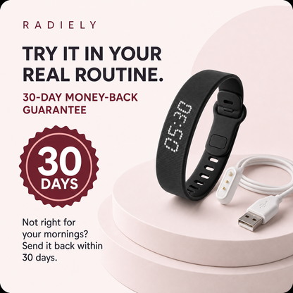Radiely wrist alarm with magnetic USB charging cable and 30-day guarantee