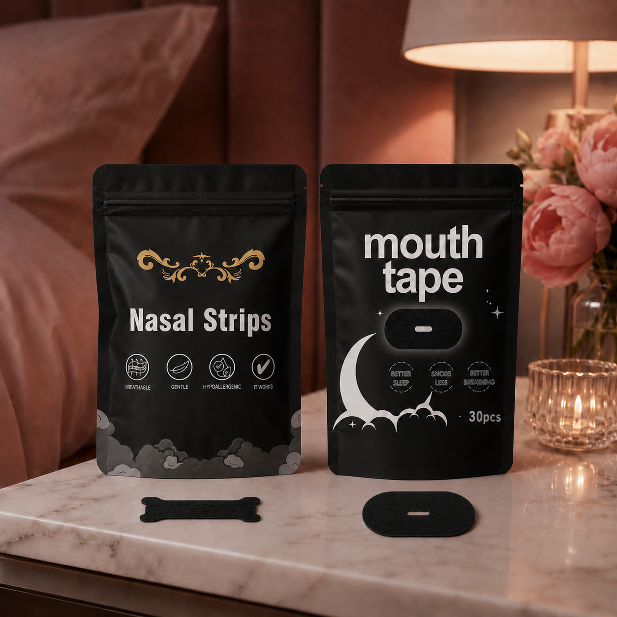 Radiely bedtime mouth and nasal strips on a bedside table