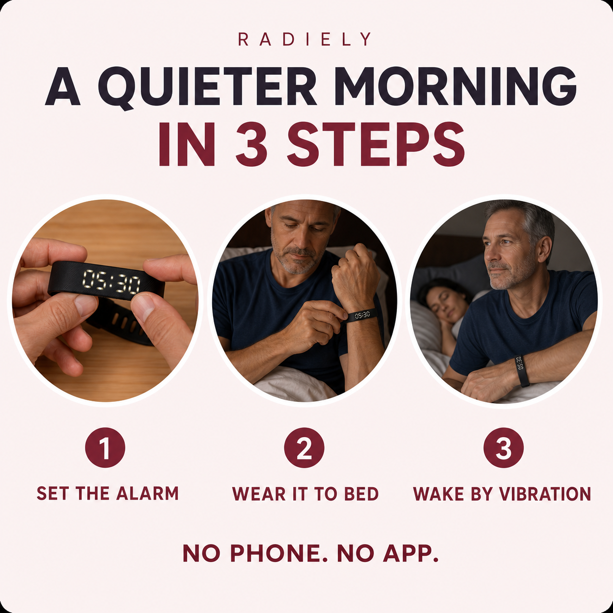 Three-step guide to setting, wearing and waking with the Radiely wrist alarm